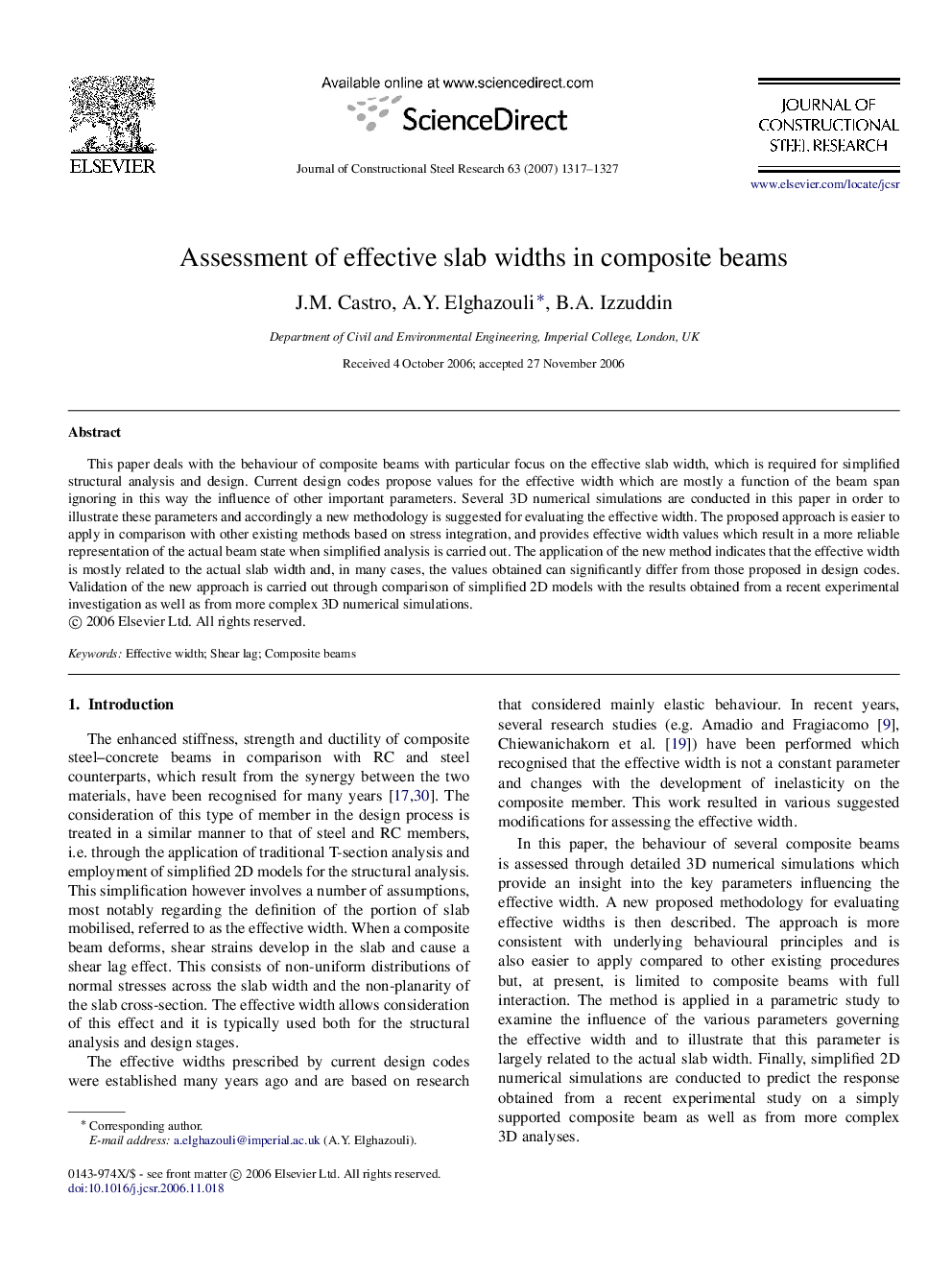 Assessment of effective slab widths in composite beams