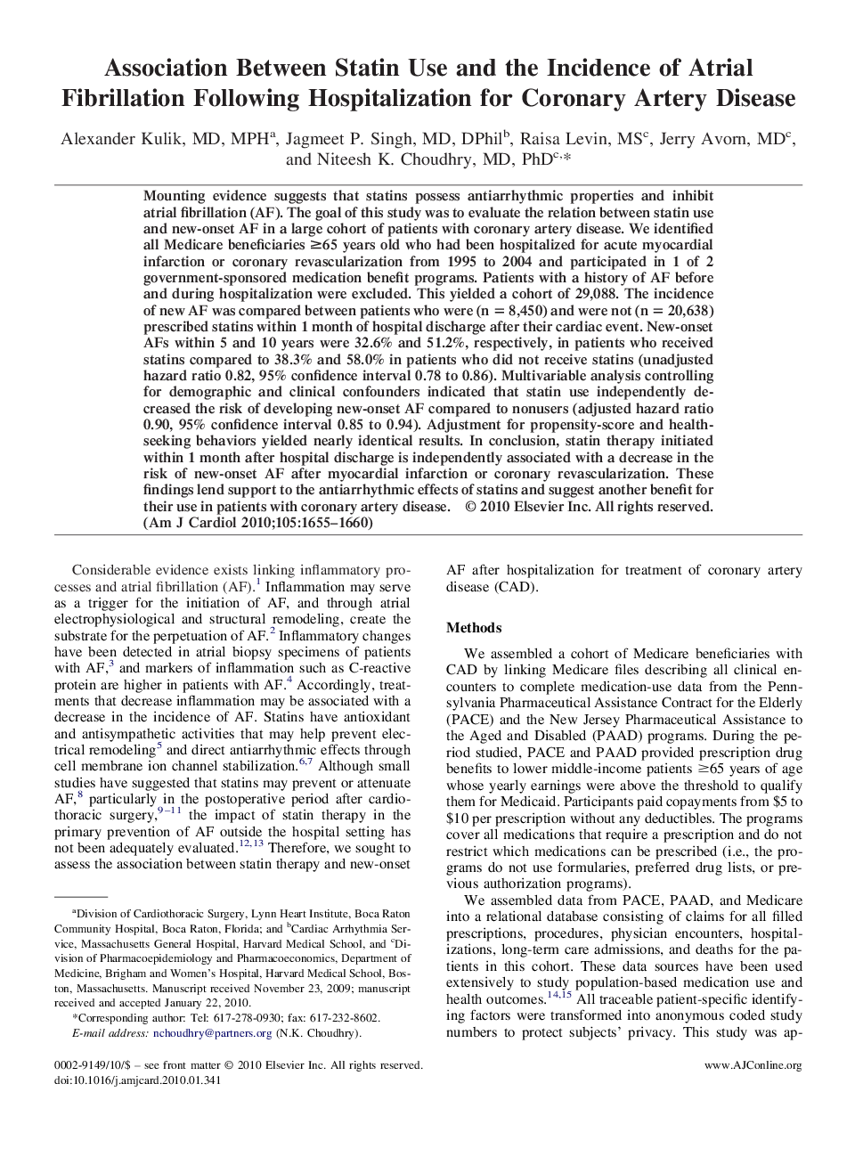 Association Between Statin Use and the Incidence of Atrial Fibrillation Following Hospitalization for Coronary Artery Disease