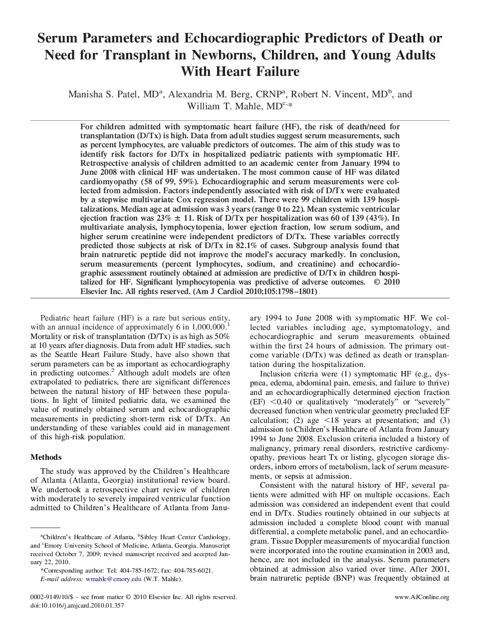 Serum Parameters and Echocardiographic Predictors of Death or Need for Transplant in Newborns, Children, and Young Adults With Heart Failure