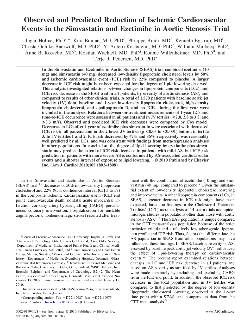 Observed and Predicted Reduction of Ischemic Cardiovascular Events in the Simvastatin and Ezetimibe in Aortic Stenosis Trial 