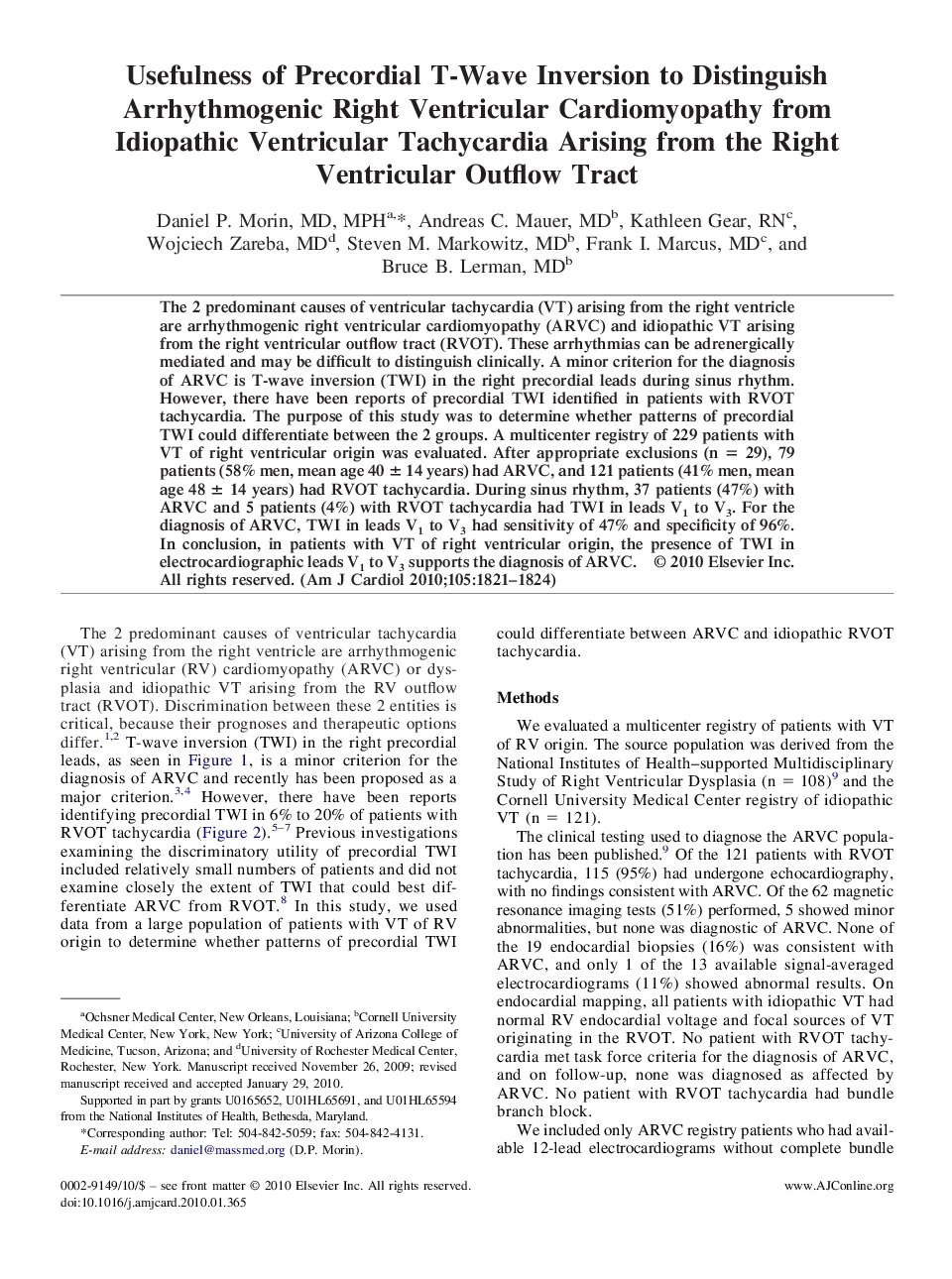 Usefulness of Precordial T-Wave Inversion to Distinguish Arrhythmogenic Right Ventricular Cardiomyopathy from Idiopathic Ventricular Tachycardia Arising from the Right Ventricular Outflow Tract 