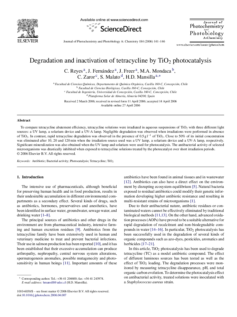 Degradation and inactivation of tetracycline by TiO2 photocatalysis