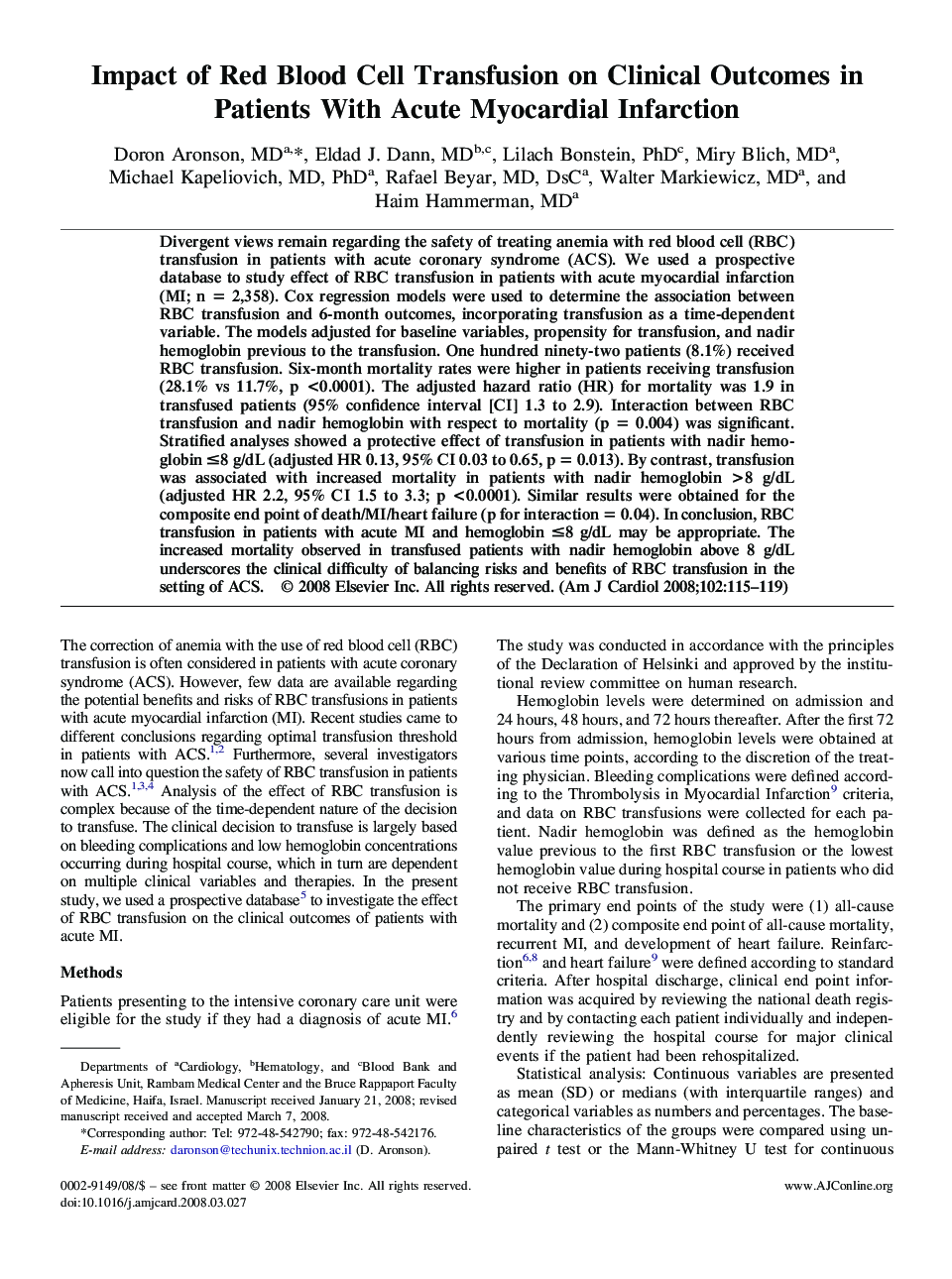 Impact of Red Blood Cell Transfusion on Clinical Outcomes in Patients With Acute Myocardial Infarction