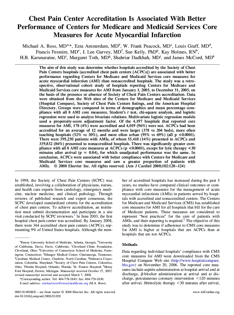 Chest Pain Center Accreditation Is Associated With Better Performance of Centers for Medicare and Medicaid Services Core Measures for Acute Myocardial Infarction