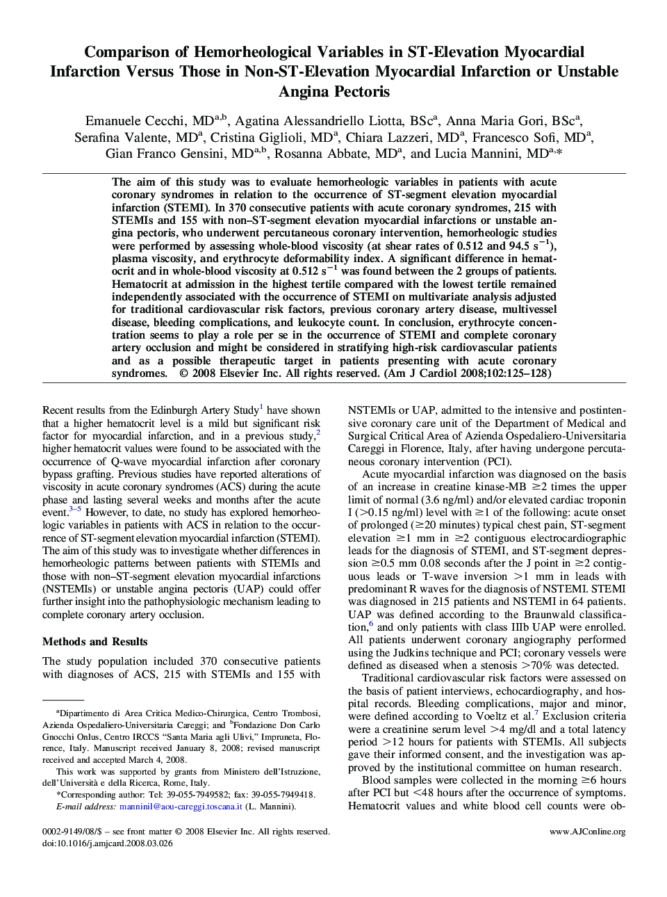 Comparison of Hemorheological Variables in ST-Elevation Myocardial Infarction Versus Those in Non-ST-Elevation Myocardial Infarction or Unstable Angina Pectoris 