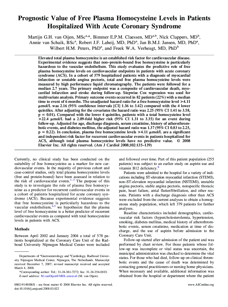 Prognostic Value of Free Plasma Homocysteine Levels in Patients Hospitalized With Acute Coronary Syndrome