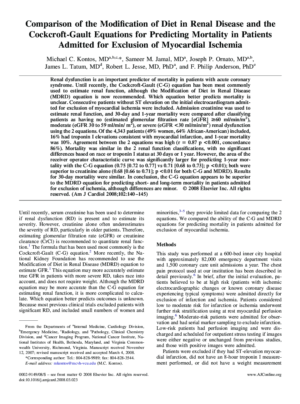 Comparison of the Modification of Diet in Renal Disease and the Cockcroft-Gault Equations for Predicting Mortality in Patients Admitted for Exclusion of Myocardial Ischemia