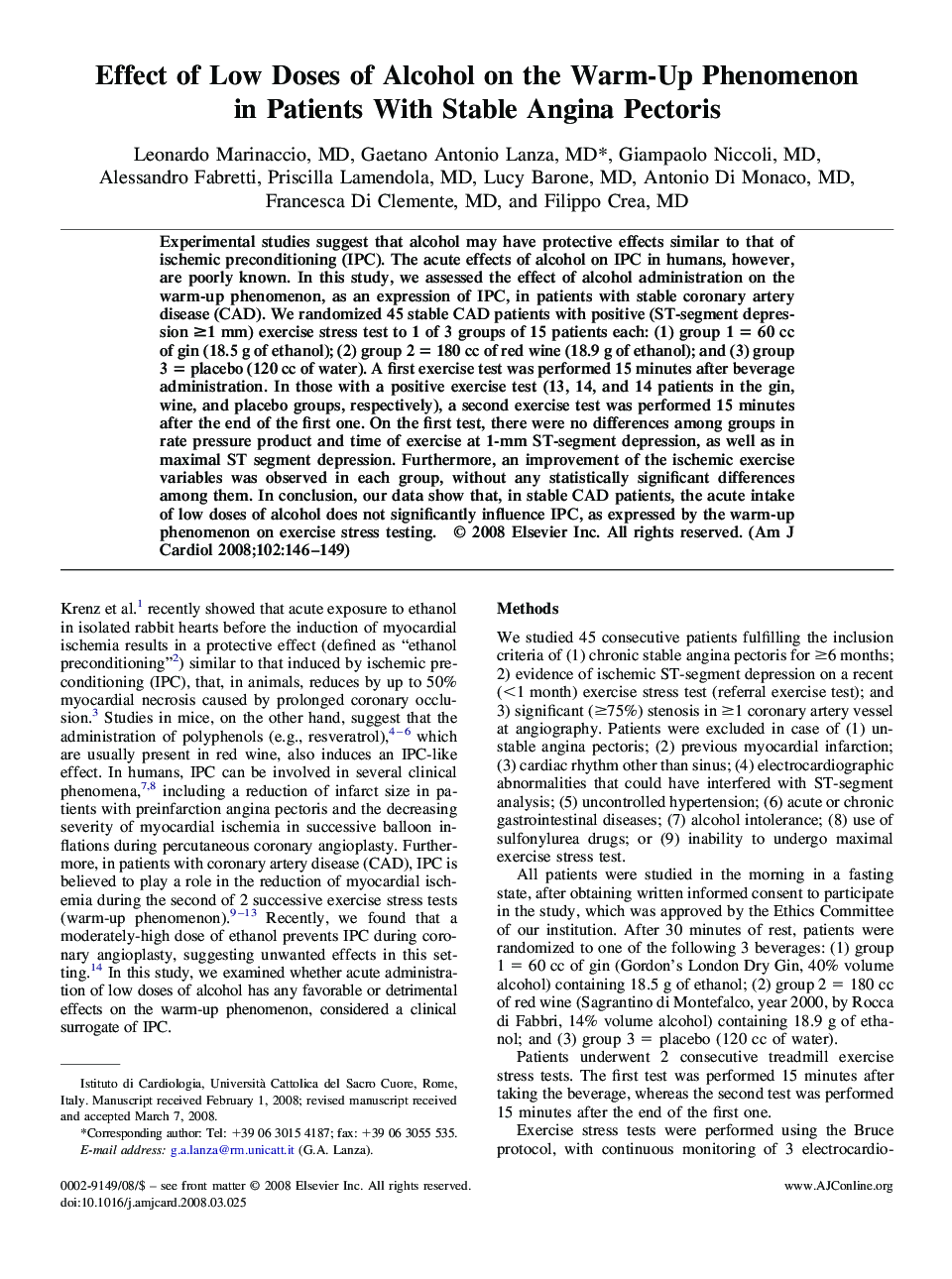 عکس صفحه اول مقاله: Effect of Low Doses of Alcohol on the Warm-Up Phenomenon in Patients With Stable Angina Pectoris Effect of Low Doses of Alcohol on the Warm-Up Phenomenon in Patients With Stable Angina Pectoris
