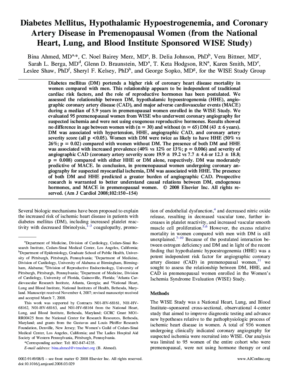 عکس صفحه اول مقاله: Diabetes Mellitus, Hypothalamic Hypoestrogenemia, and Coronary Artery Disease in Premenopausal Women (from the National Heart, Lung, and Blood Institute Sponsored WISE Study) Diabetes Mellitus, Hypothalamic Hypoestrogenemia, and Coronary Artery Disease in Premenopausal Women (from the National Heart, Lung, and Blood Institute Sponsored WISE Study)