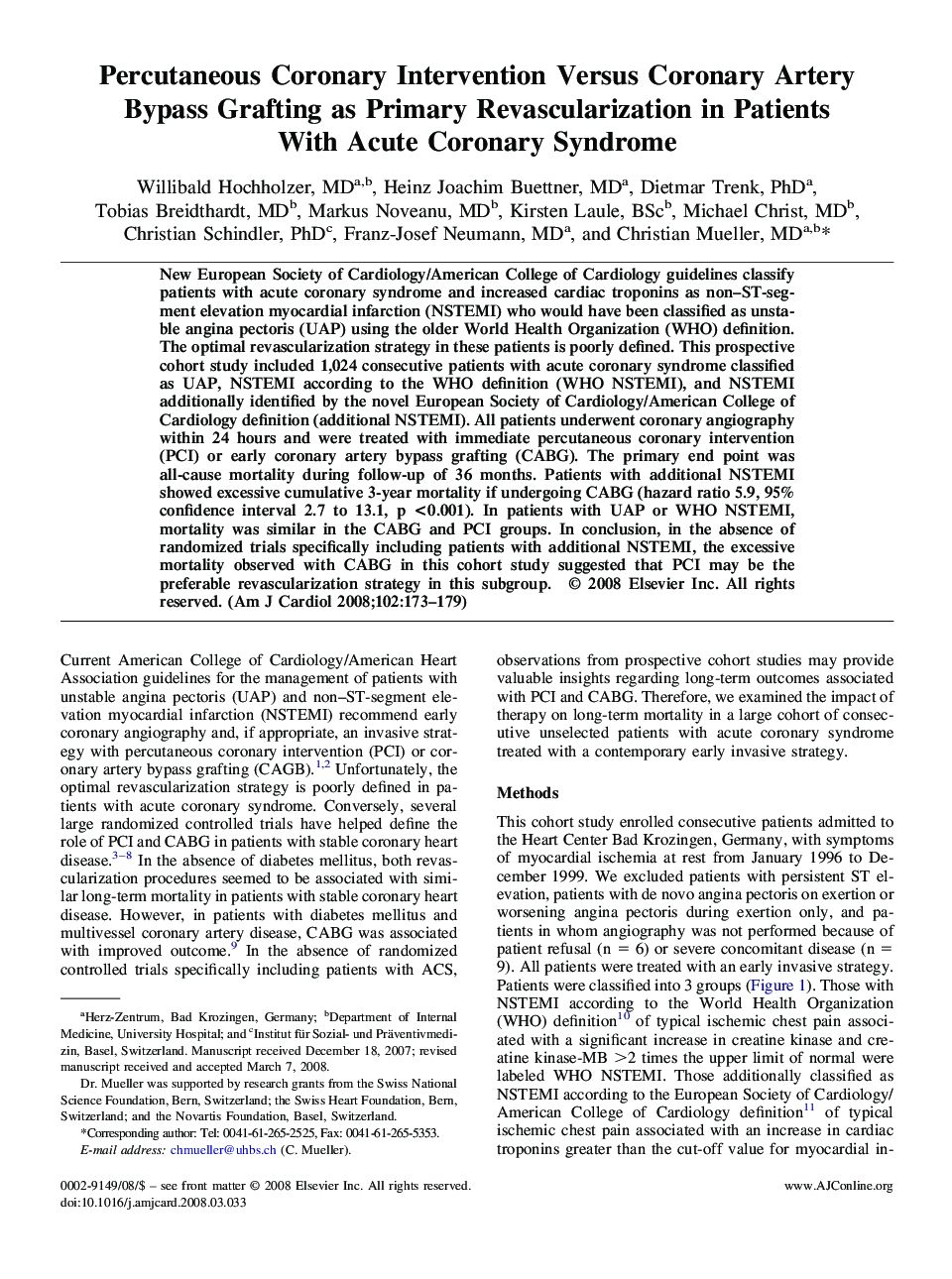 عکس صفحه اول مقاله: Percutaneous Coronary Intervention Versus Coronary Artery Bypass Grafting as Primary Revascularization in Patients With Acute Coronary Syndrome Percutaneous Coronary Intervention Versus Coronary Artery Bypass Grafting as Primary Revascularization in Patients With Acute Coronary Syndrome