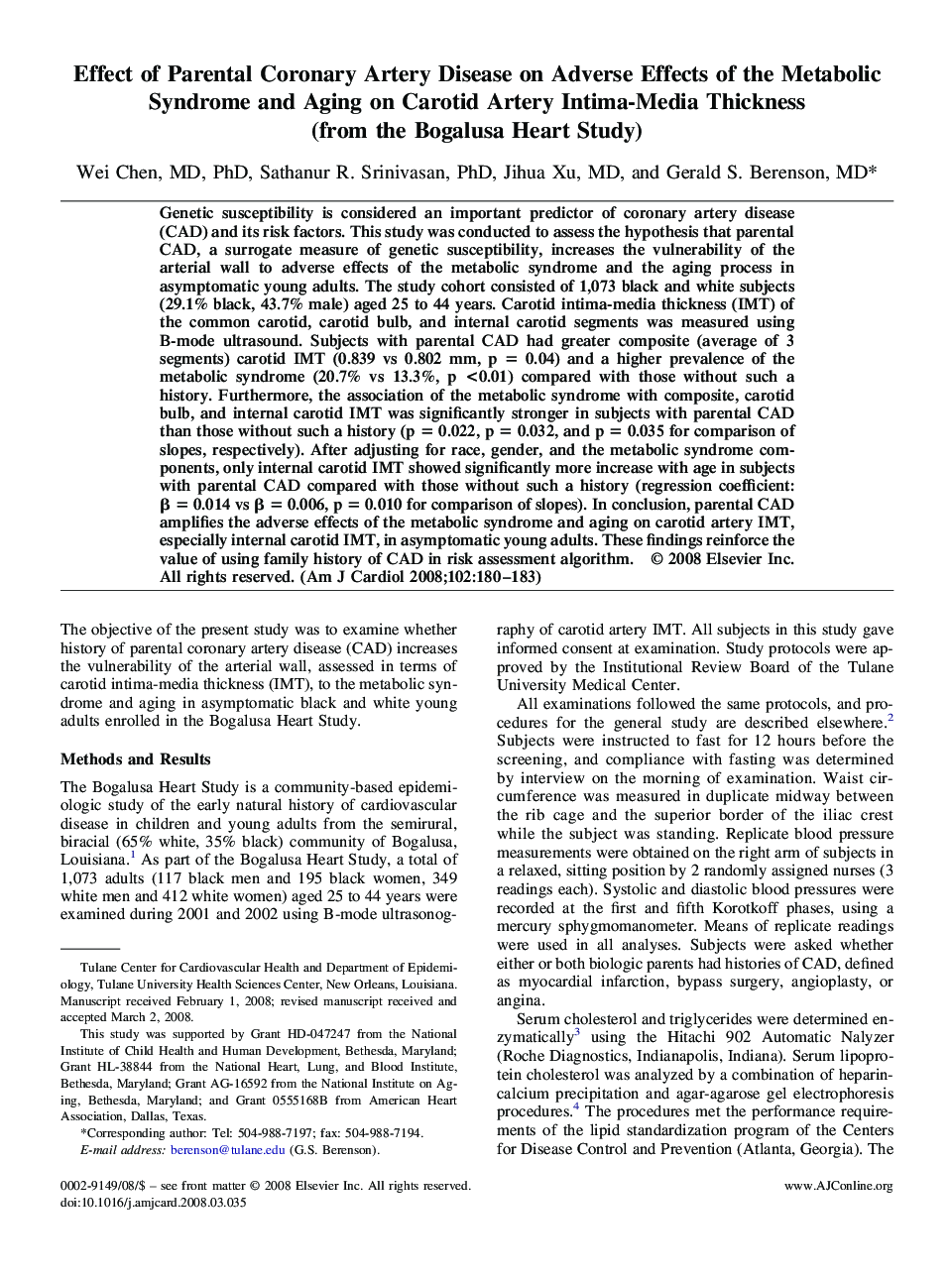 Effect of Parental Coronary Artery Disease on Adverse Effects of the Metabolic Syndrome and Aging on Carotid Artery Intima-Media Thickness (from the Bogalusa Heart Study) 