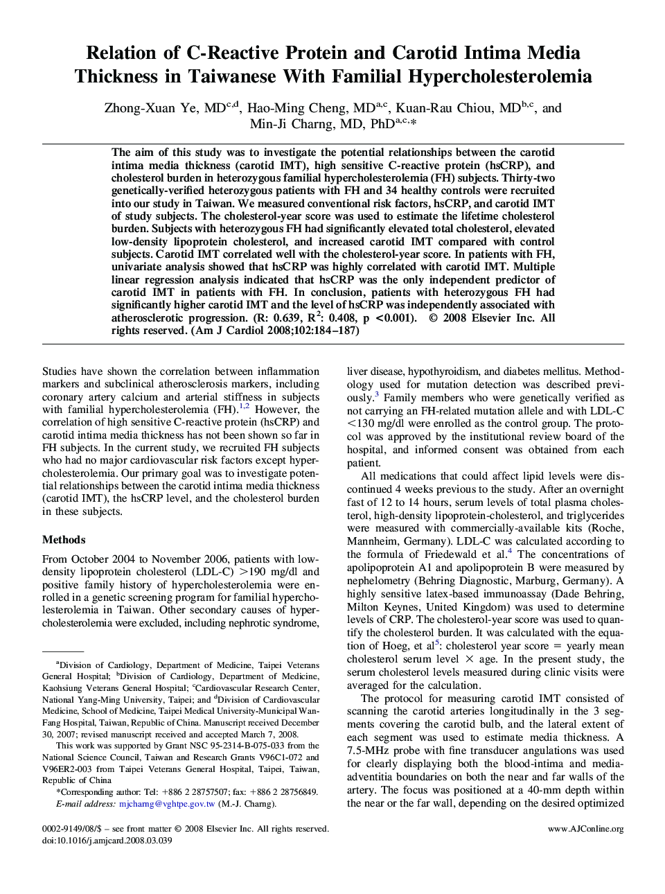 عکس صفحه اول مقاله: Relation of C-Reactive Protein and Carotid Intima Media Thickness in Taiwanese With Familial Hypercholesterolemia Relation of C-Reactive Protein and Carotid Intima Media Thickness in Taiwanese With Familial Hypercholesterolemia