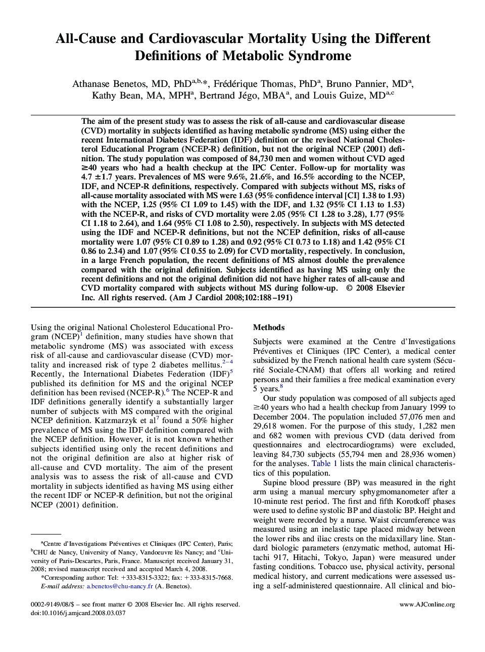 All-Cause and Cardiovascular Mortality Using the Different Definitions of Metabolic Syndrome