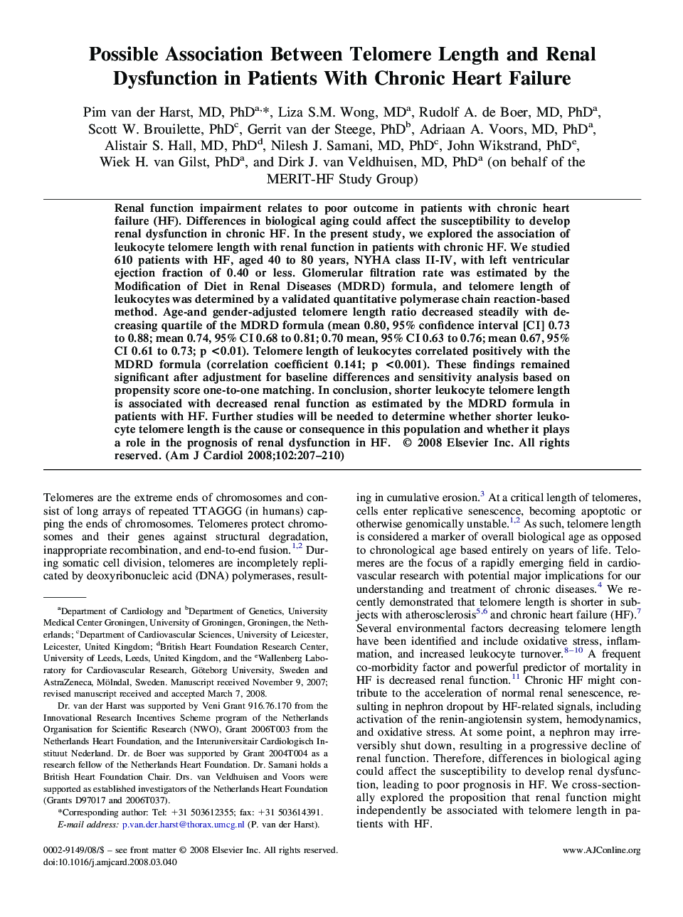 Possible Association Between Telomere Length and Renal Dysfunction in Patients With Chronic Heart Failure 
