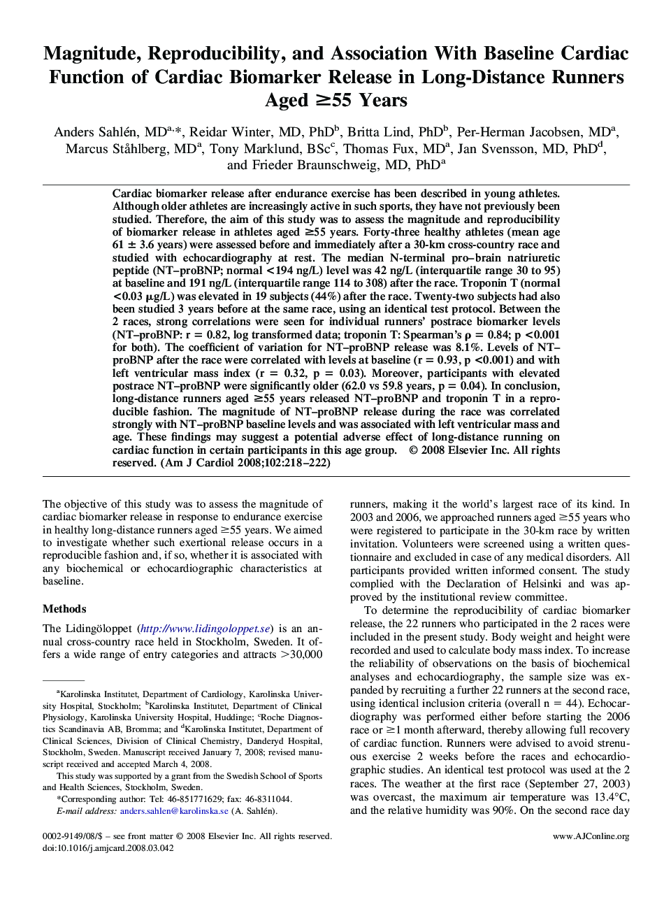 عکس صفحه اول مقاله: Magnitude, Reproducibility, and Association With Baseline Cardiac Function of Cardiac Biomarker Release in Long-Distance Runners Aged â¥55 Years Magnitude, Reproducibility, and Association With Baseline Cardiac Function of Cardiac Biomarker Release in Long-Distance Runners Aged â¥55 Years