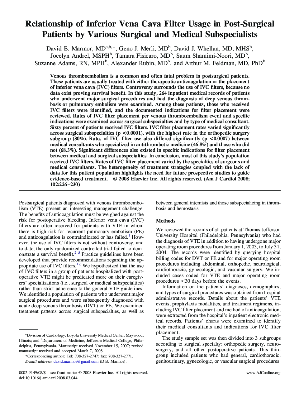 Relationship of Inferior Vena Cava Filter Usage in Post-Surgical Patients by Various Surgical and Medical Subspecialists