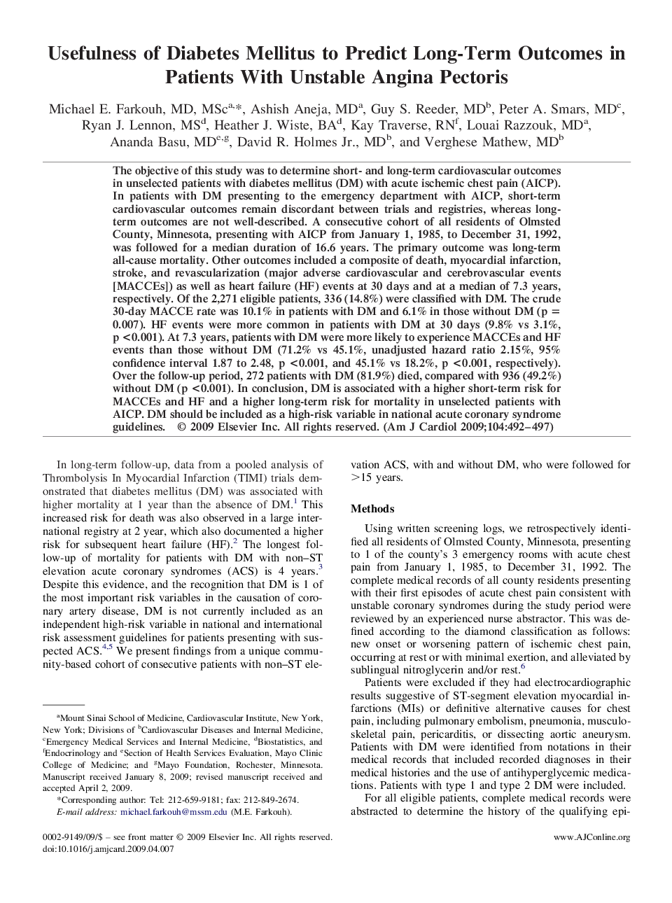 Usefulness of Diabetes Mellitus to Predict Long-Term Outcomes in Patients With Unstable Angina Pectoris