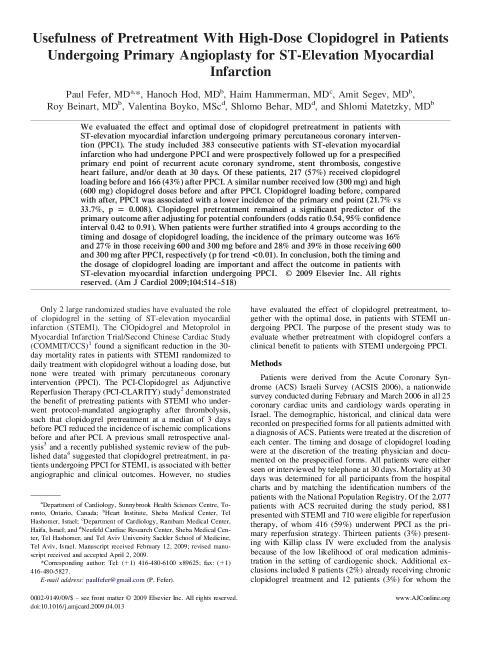 عکس صفحه اول مقاله: Usefulness of Pretreatment With High-Dose Clopidogrel in Patients Undergoing Primary Angioplasty for ST-Elevation Myocardial Infarction Usefulness of Pretreatment With High-Dose Clopidogrel in Patients Undergoing Primary Angioplasty for ST-Elevation Myocardial Infarction