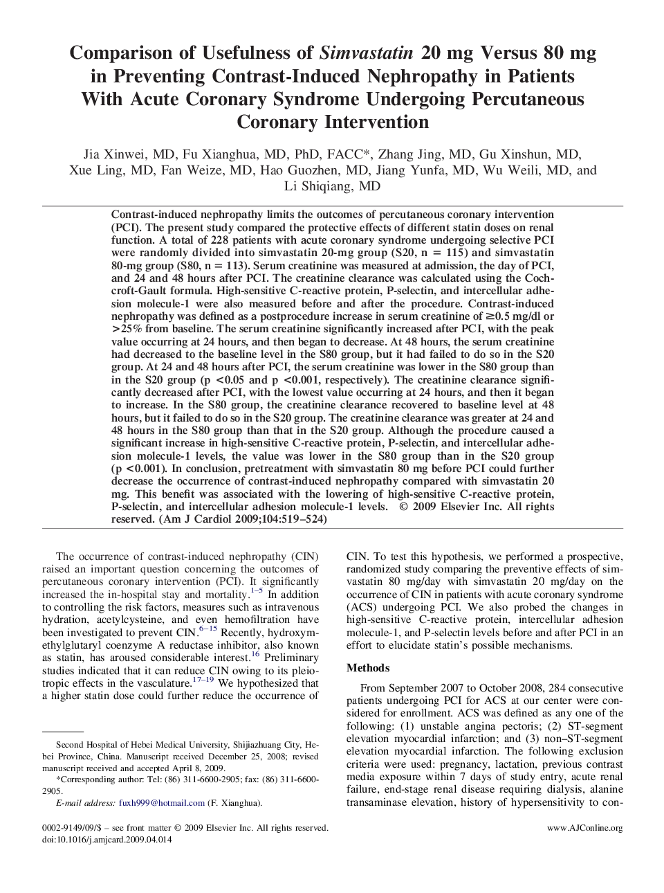 Comparison of Usefulness of Simvastatin 20 mg Versus 80 mg in Preventing Contrast-Induced Nephropathy in Patients With Acute Coronary Syndrome Undergoing Percutaneous Coronary Intervention