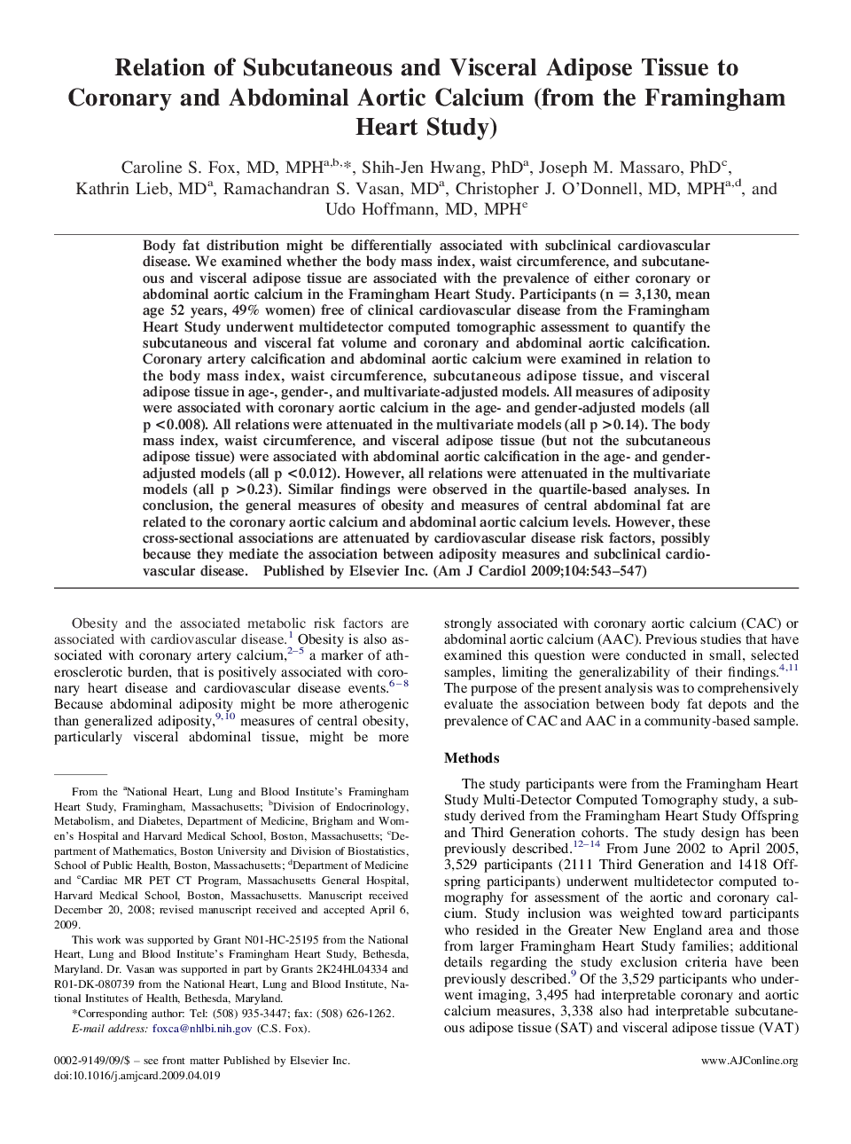 Relation of Subcutaneous and Visceral Adipose Tissue to Coronary and Abdominal Aortic Calcium (from the Framingham Heart Study) 