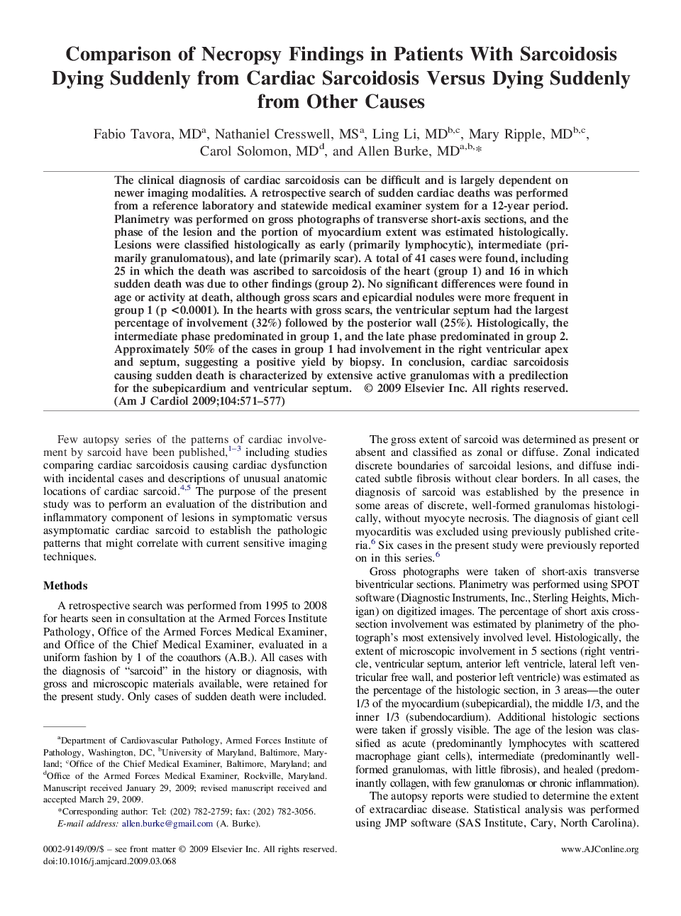 Comparison of Necropsy Findings in Patients With Sarcoidosis Dying Suddenly from Cardiac Sarcoidosis Versus Dying Suddenly from Other Causes