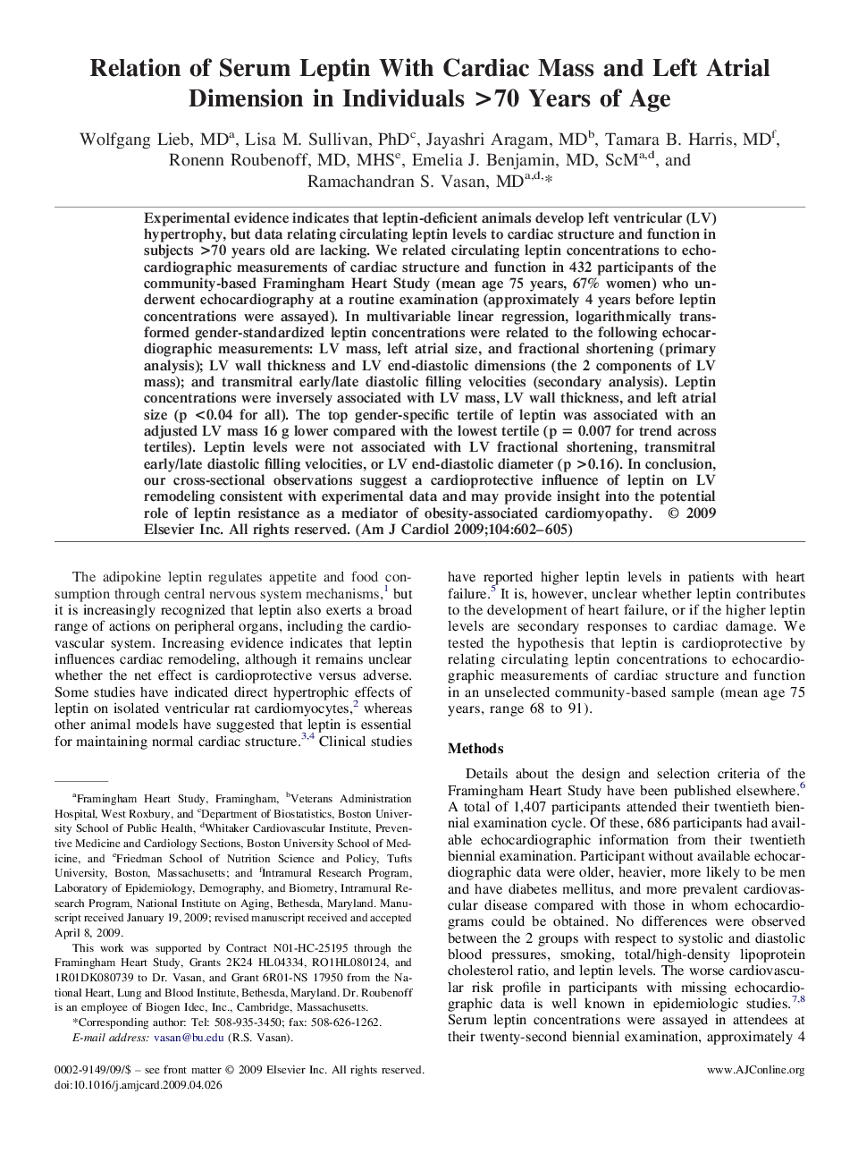 Relation of Serum Leptin With Cardiac Mass and Left Atrial Dimension in Individuals >70 Years of Age 