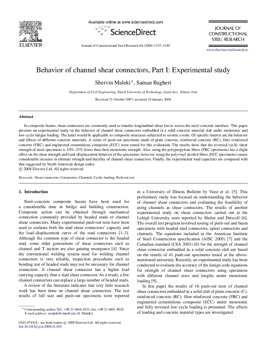 Behavior of channel shear connectors, Part I: Experimental study