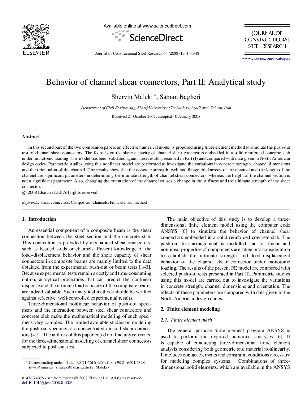 Behavior of channel shear connectors, Part II: Analytical study