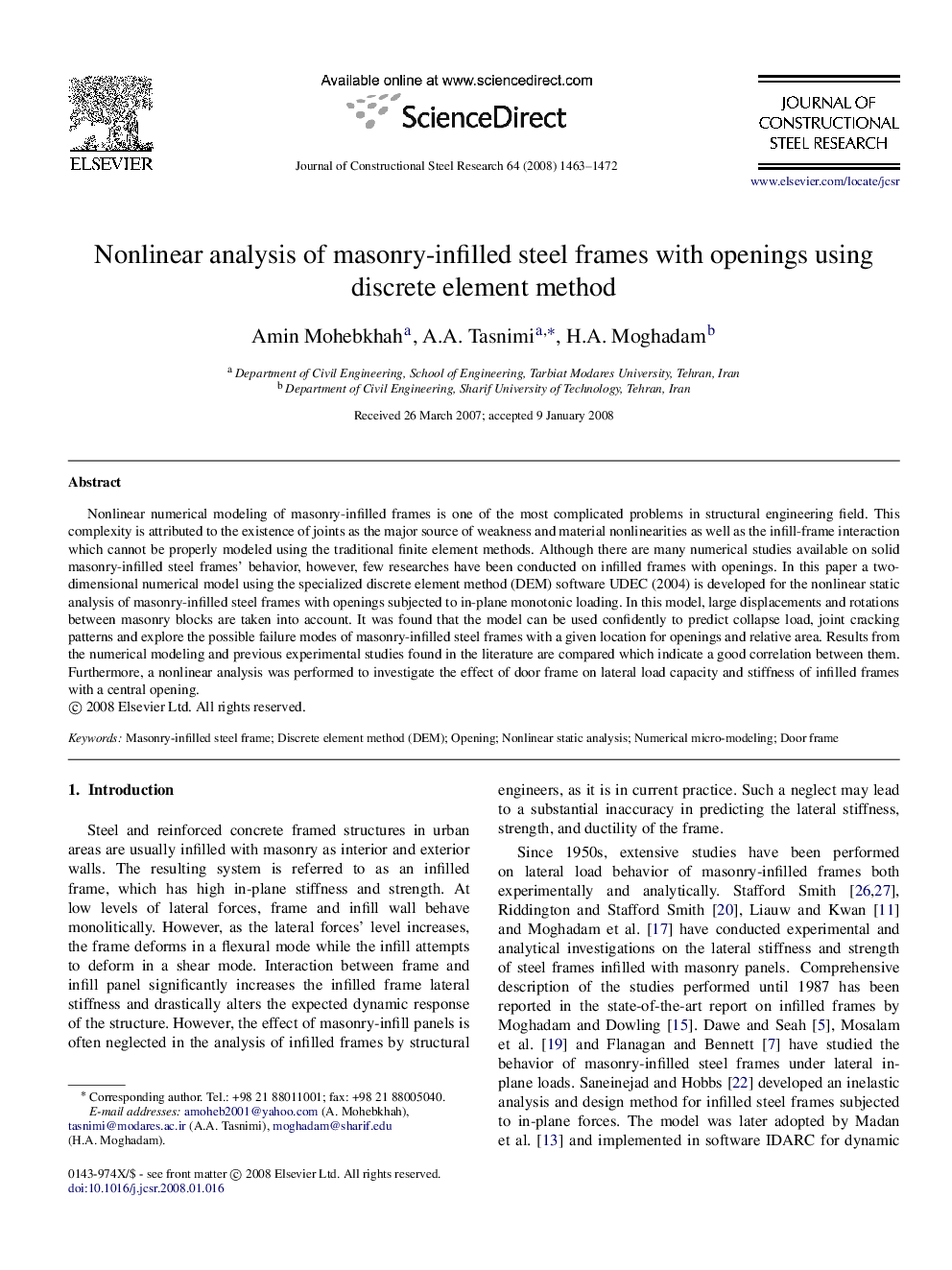 Nonlinear analysis of masonry-infilled steel frames with openings using discrete element method