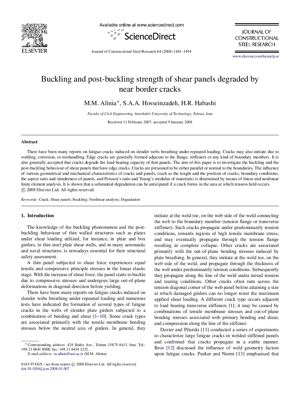 Buckling and post-buckling strength of shear panels degraded by near border cracks