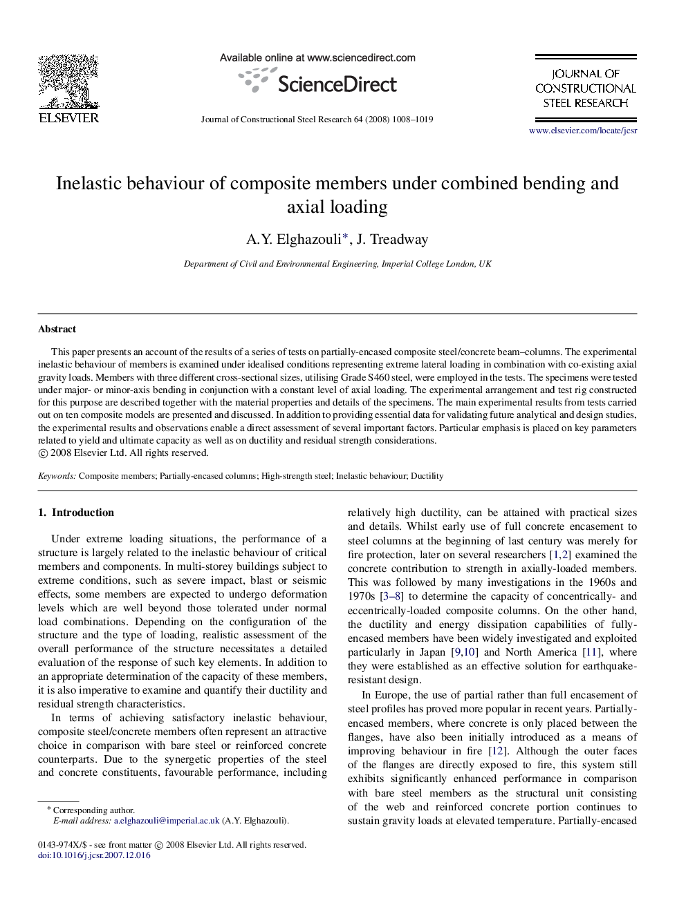 Inelastic behaviour of composite members under combined bending and axial loading