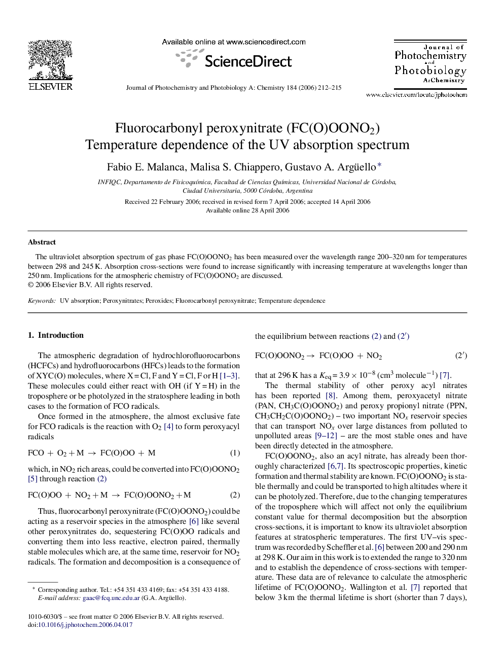 Fluorocarbonyl peroxynitrate (FC(O)OONO2): Temperature dependence of the UV absorption spectrum