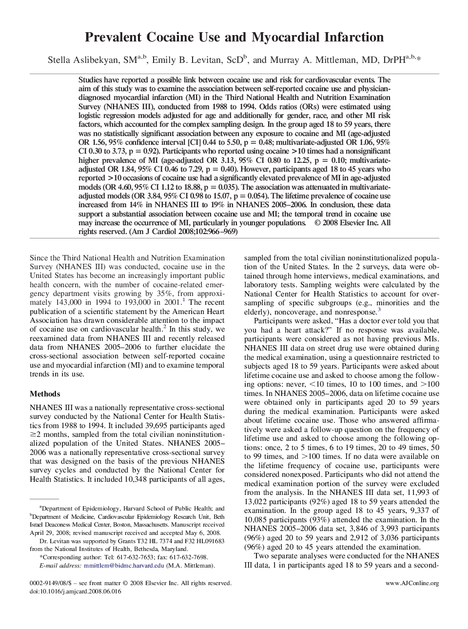 عکس صفحه اول مقاله: Prevalent Cocaine Use and Myocardial Infarction Prevalent Cocaine Use and Myocardial Infarction