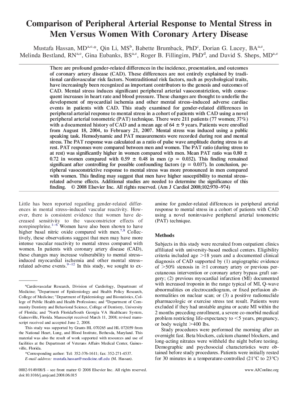 Comparison of Peripheral Arterial Response to Mental Stress in Men Versus Women With Coronary Artery Disease 