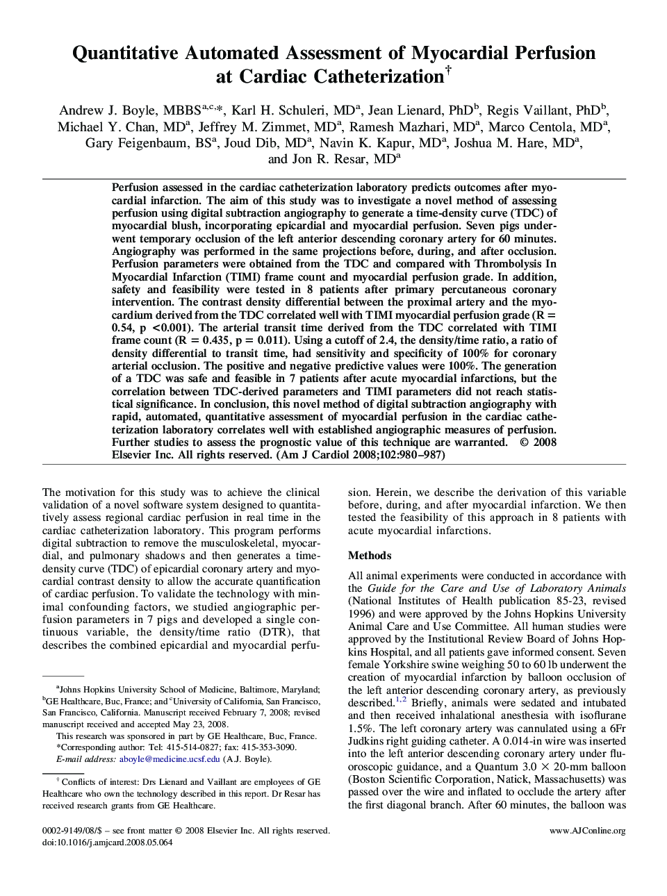 Quantitative Automated Assessment of Myocardial Perfusion at Cardiac Catheterization† 