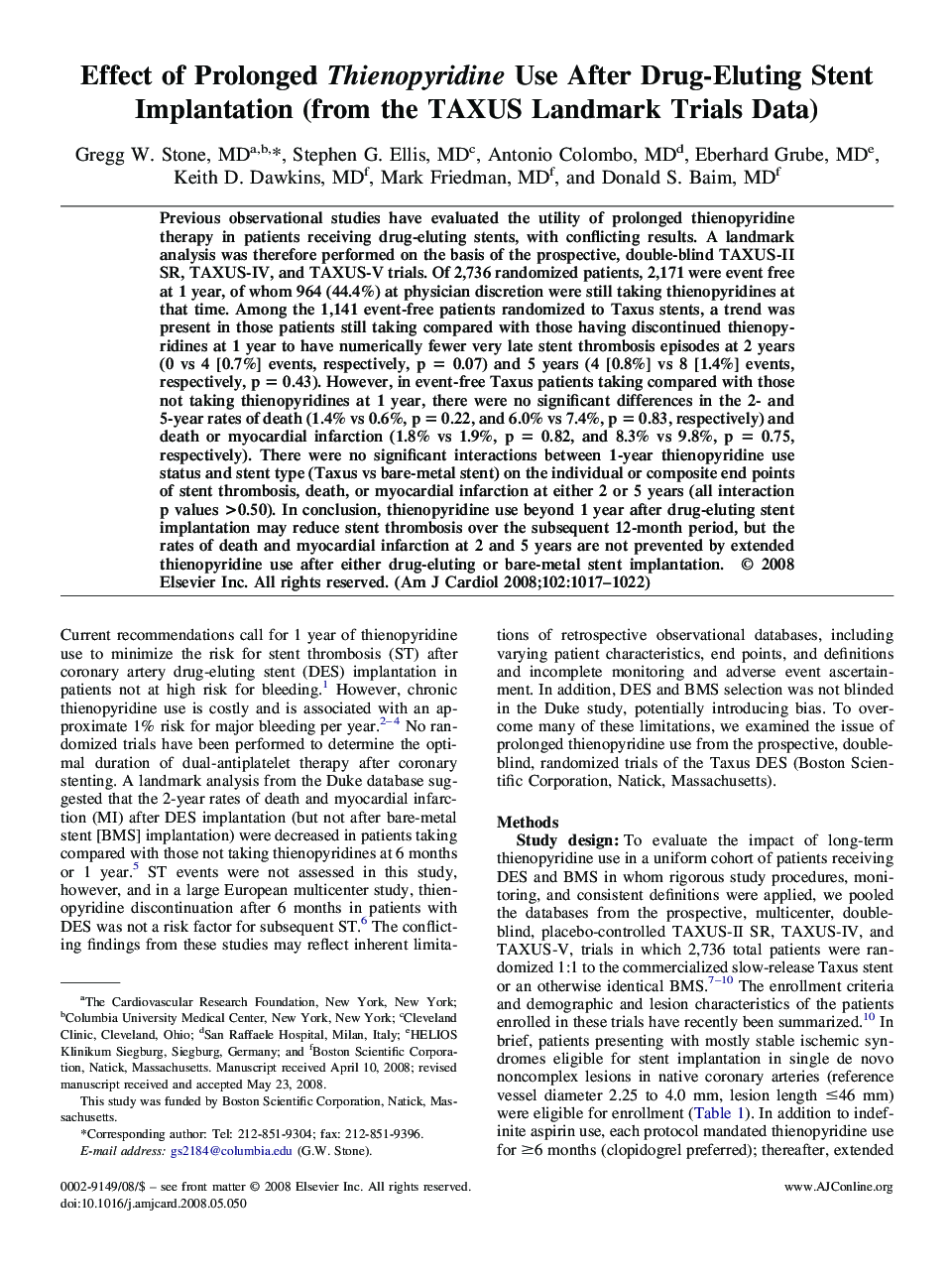 Effect of Prolonged Thienopyridine Use After Drug-Eluting Stent Implantation (from the TAXUS Landmark Trials Data) 