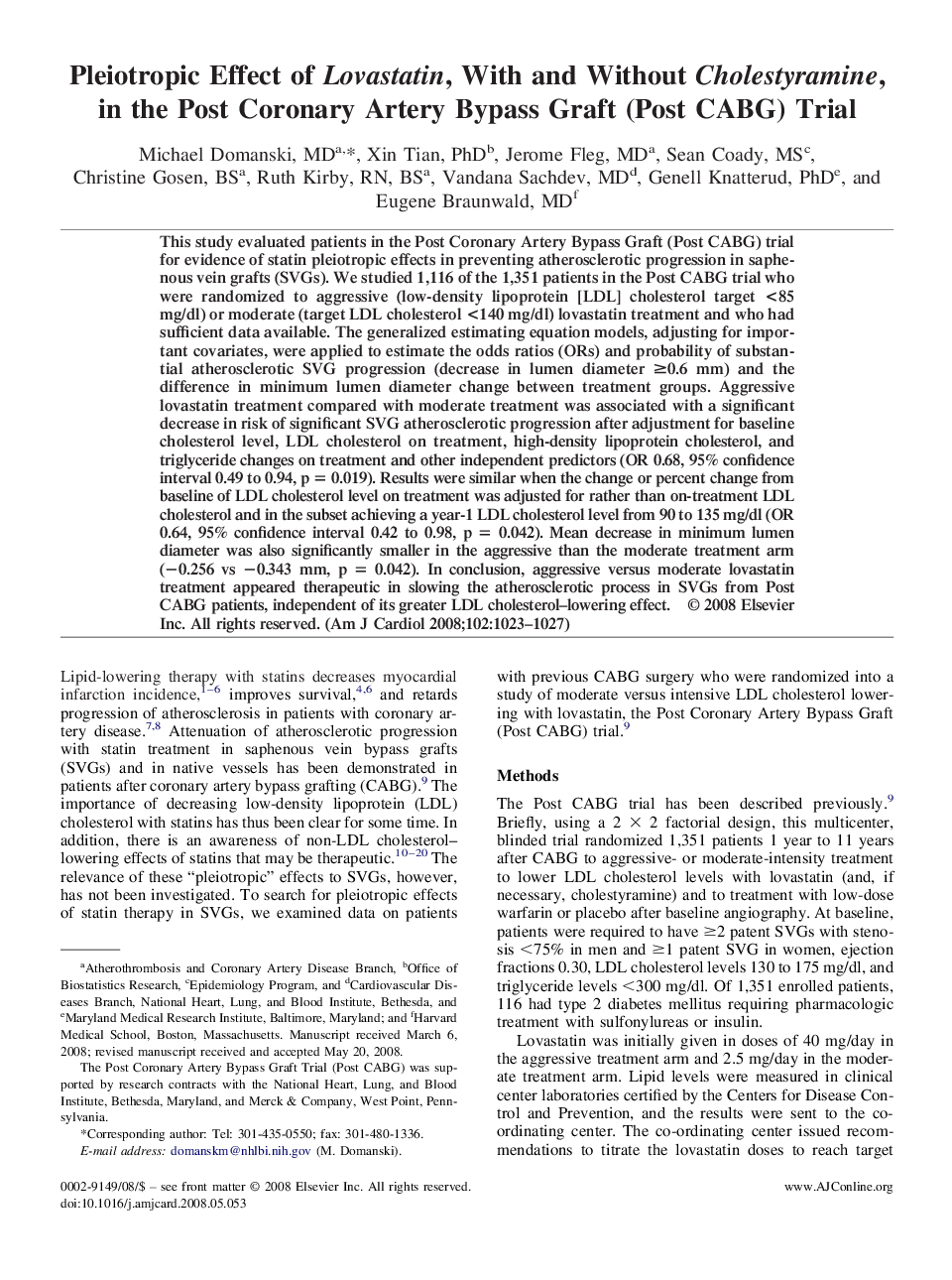 Pleiotropic Effect of Lovastatin, With and Without Cholestyramine, in the Post Coronary Artery Bypass Graft (Post CABG) Trial 