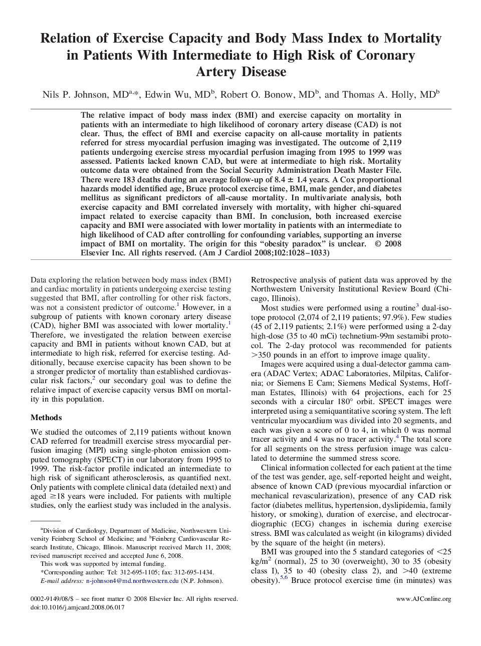 Relation of Exercise Capacity and Body Mass Index to Mortality in Patients With Intermediate to High Risk of Coronary Artery Disease 