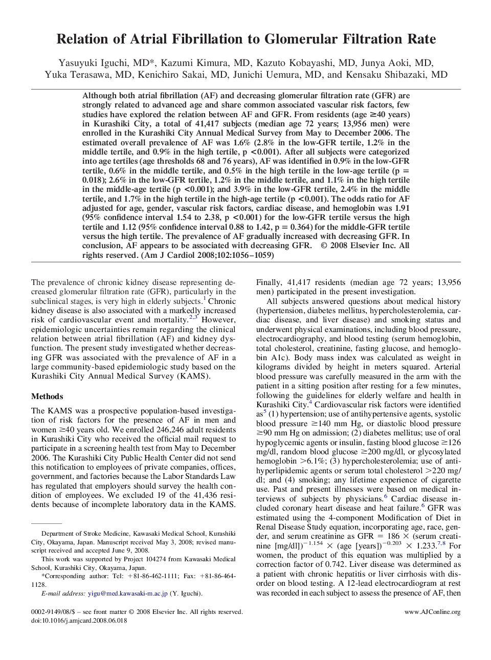 Relation of Atrial Fibrillation to Glomerular Filtration Rate 