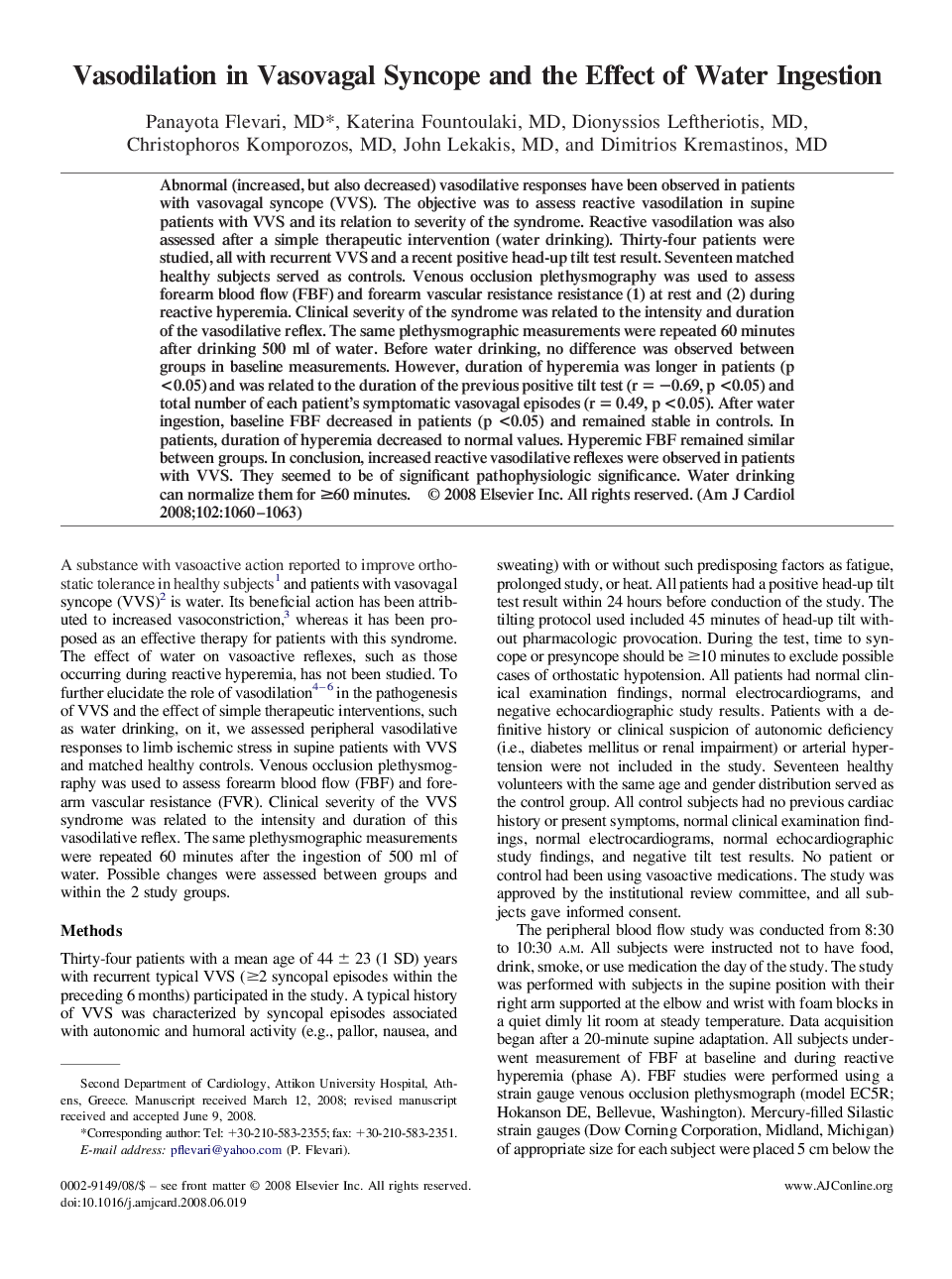 Vasodilation in Vasovagal Syncope and the Effect of Water Ingestion