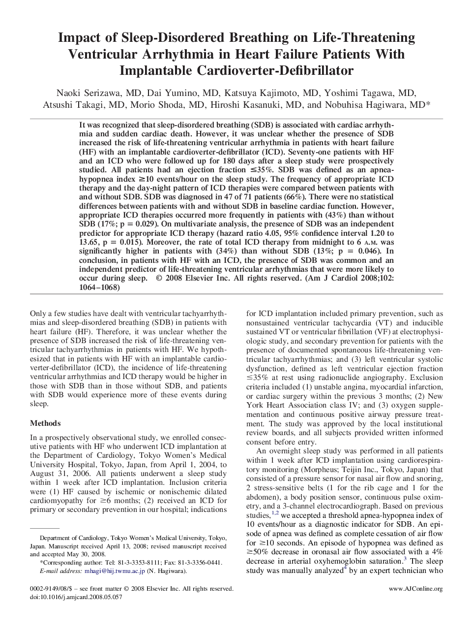 Impact of Sleep-Disordered Breathing on Life-Threatening Ventricular Arrhythmia in Heart Failure Patients With Implantable Cardioverter-Defibrillator