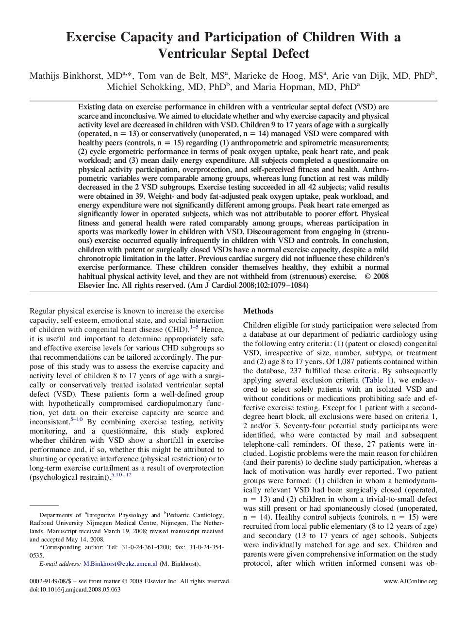 Exercise Capacity and Participation of Children With a Ventricular Septal Defect