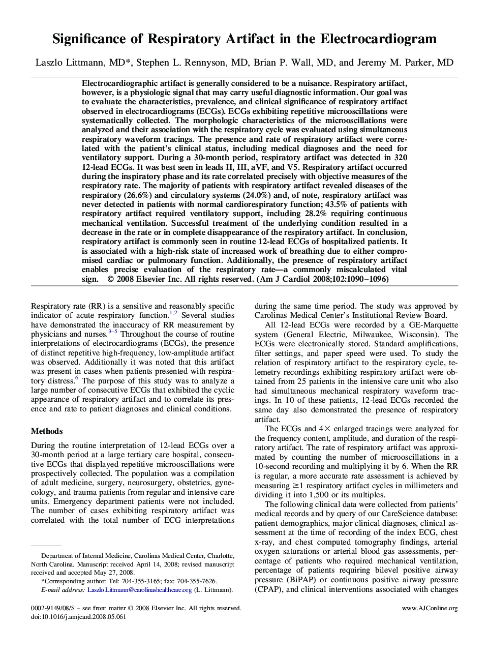 Significance of Respiratory Artifact in the Electrocardiogram