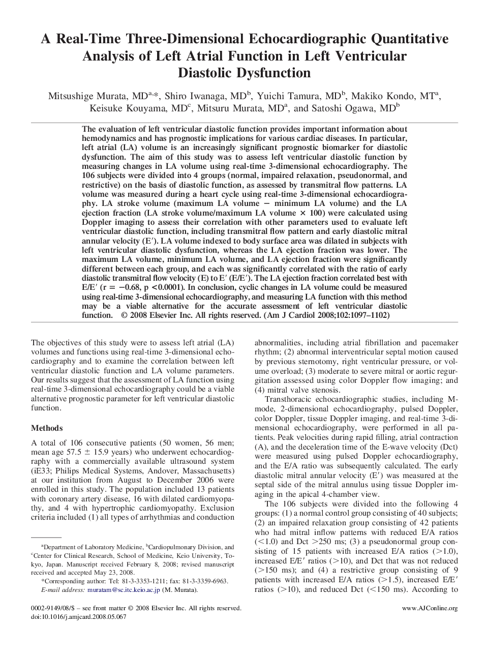 A Real-Time Three-Dimensional Echocardiographic Quantitative Analysis of Left Atrial Function in Left Ventricular Diastolic Dysfunction