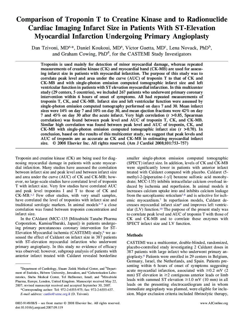 Comparison of Troponin T to Creatine Kinase and to Radionuclide Cardiac Imaging Infarct Size in Patients With ST-Elevation Myocardial Infarction Undergoing Primary Angioplasty