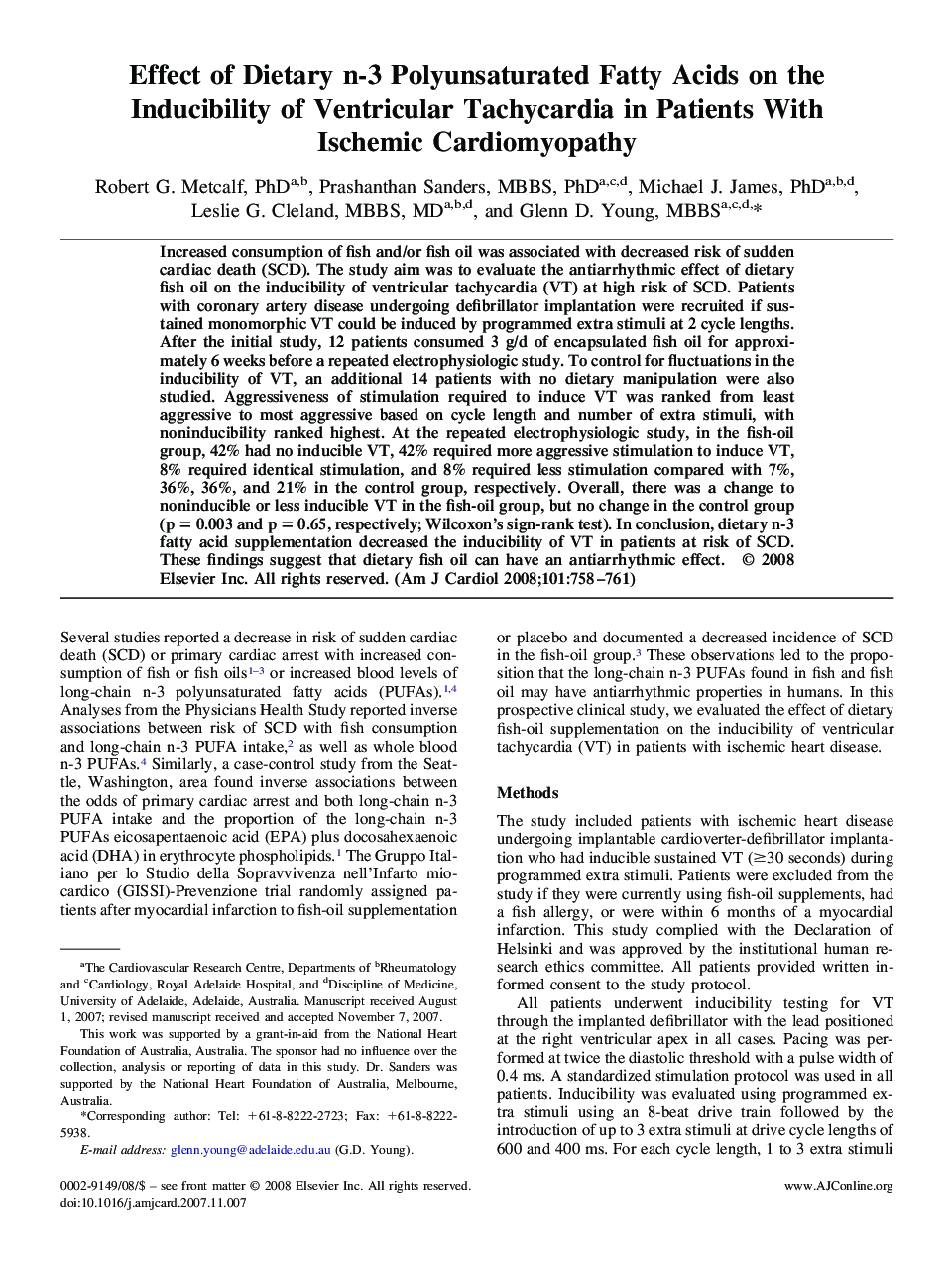 Effect of Dietary n-3 Polyunsaturated Fatty Acids on the Inducibility of Ventricular Tachycardia in Patients With Ischemic Cardiomyopathy 