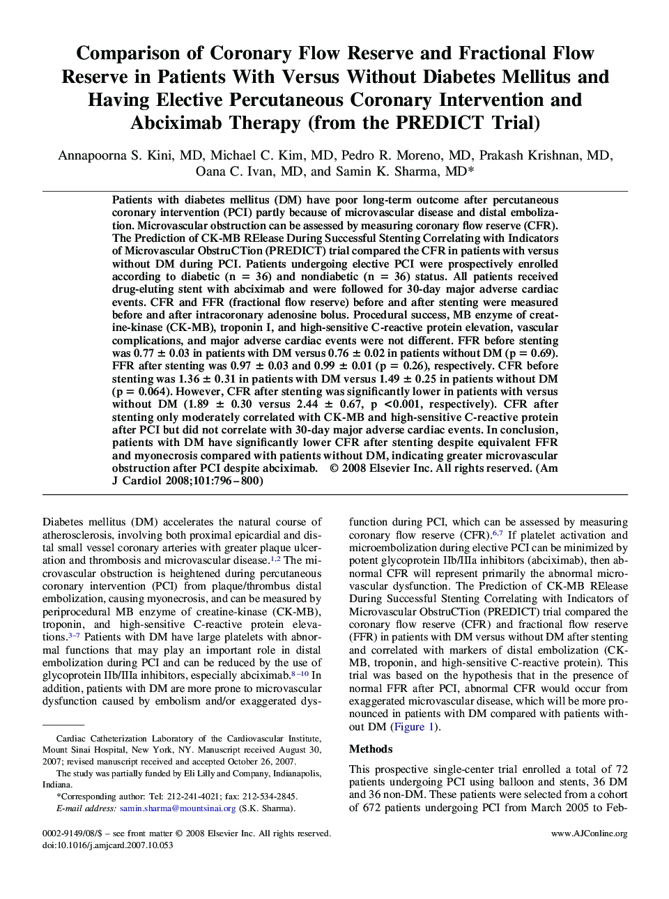 Comparison of Coronary Flow Reserve and Fractional Flow Reserve in Patients With Versus Without Diabetes Mellitus and Having Elective Percutaneous Coronary Intervention and Abciximab Therapy (from the PREDICT Trial) 