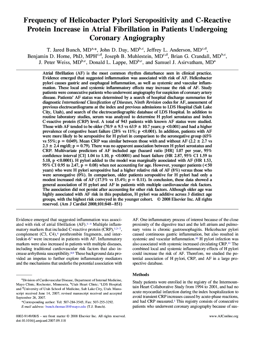 Frequency of Helicobacter Pylori Seropositivity and C-Reactive Protein Increase in Atrial Fibrillation in Patients Undergoing Coronary Angiography