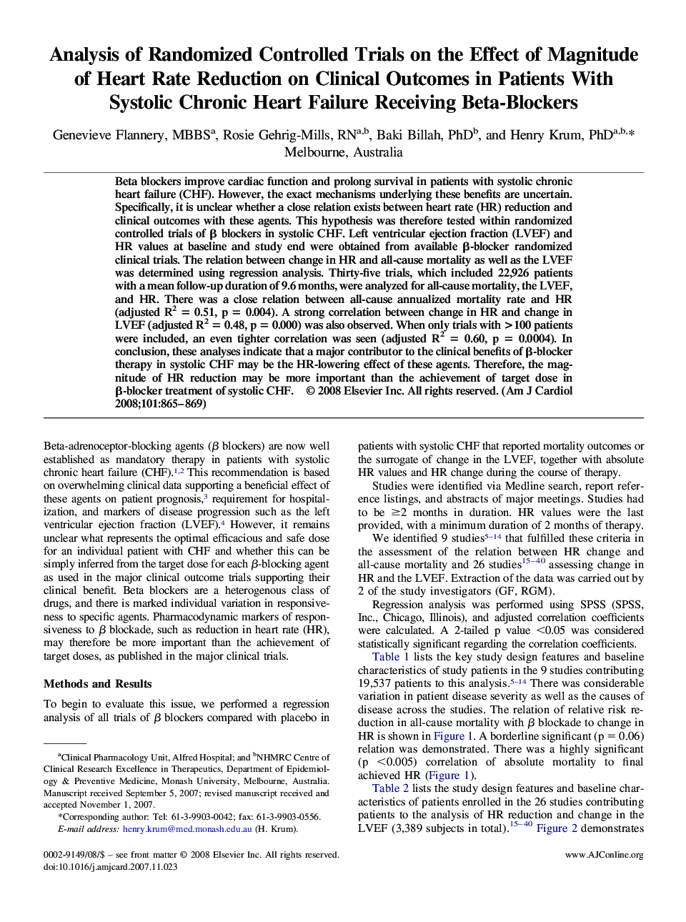 Analysis of Randomized Controlled Trials on the Effect of Magnitude of Heart Rate Reduction on Clinical Outcomes in Patients With Systolic Chronic Heart Failure Receiving Beta-Blockers