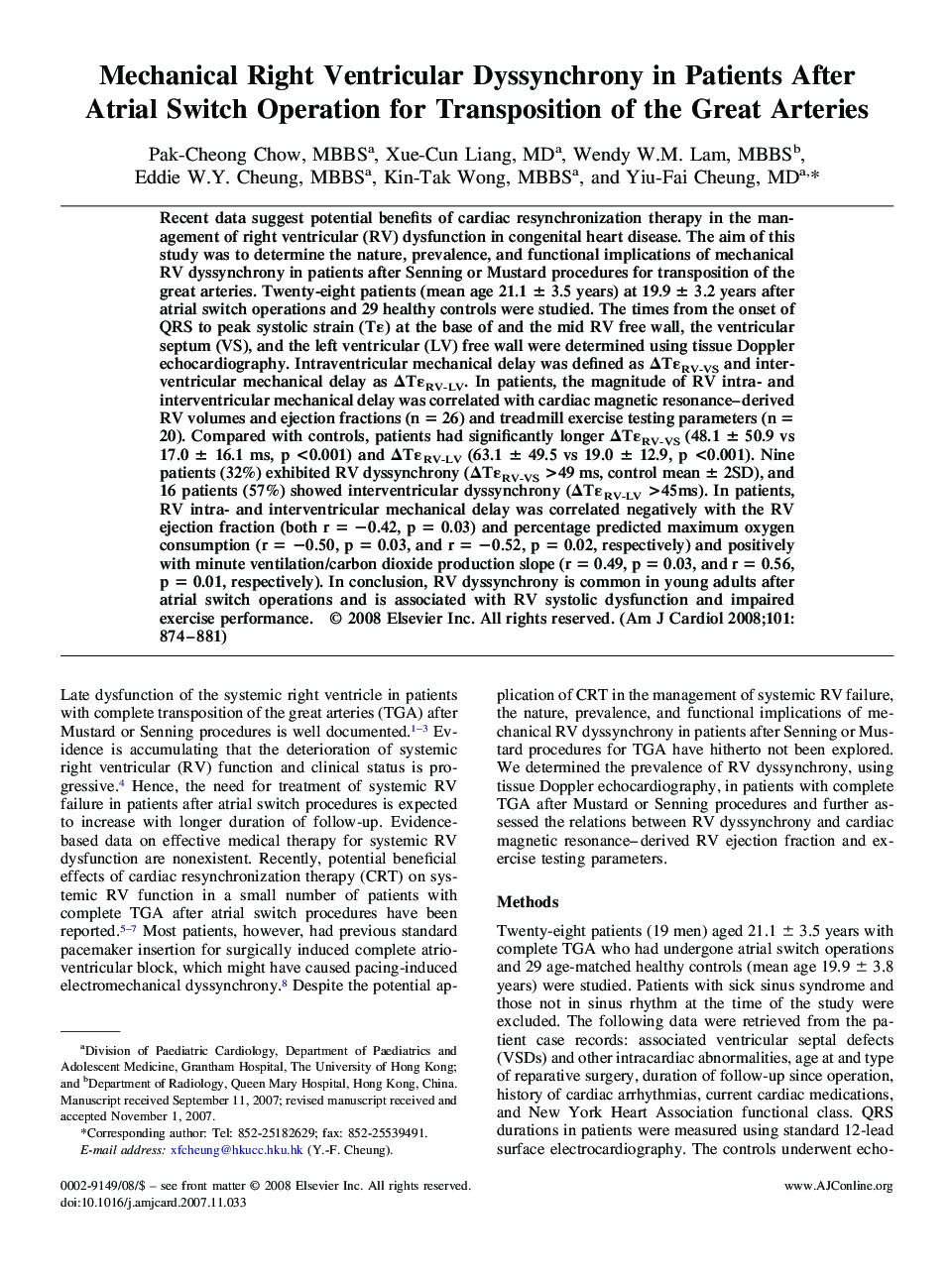 Mechanical Right Ventricular Dyssynchrony in Patients After Atrial Switch Operation for Transposition of the Great Arteries